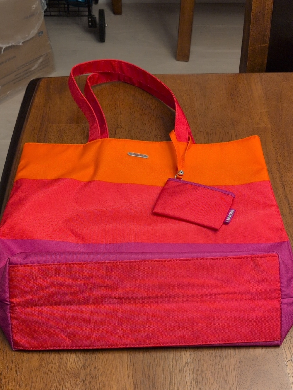 Clinique Pink, Orange & Purple Colorblock Tote with Coin Pouch
